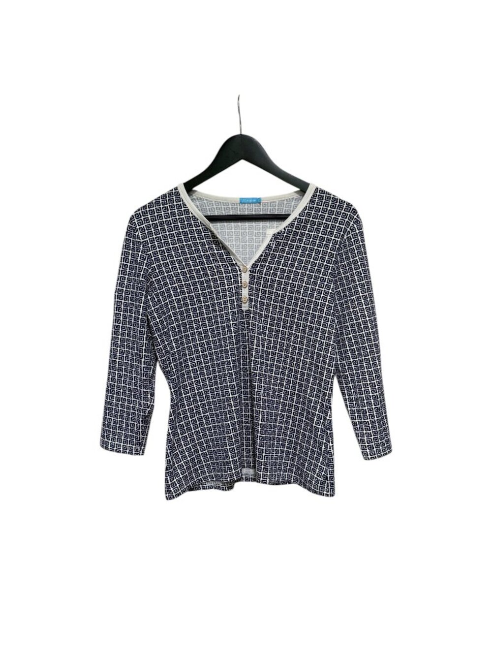 J. McLaughlin **Medium** Navy Blue & White Geo Print 3/4 Sleeve Knit Shirt